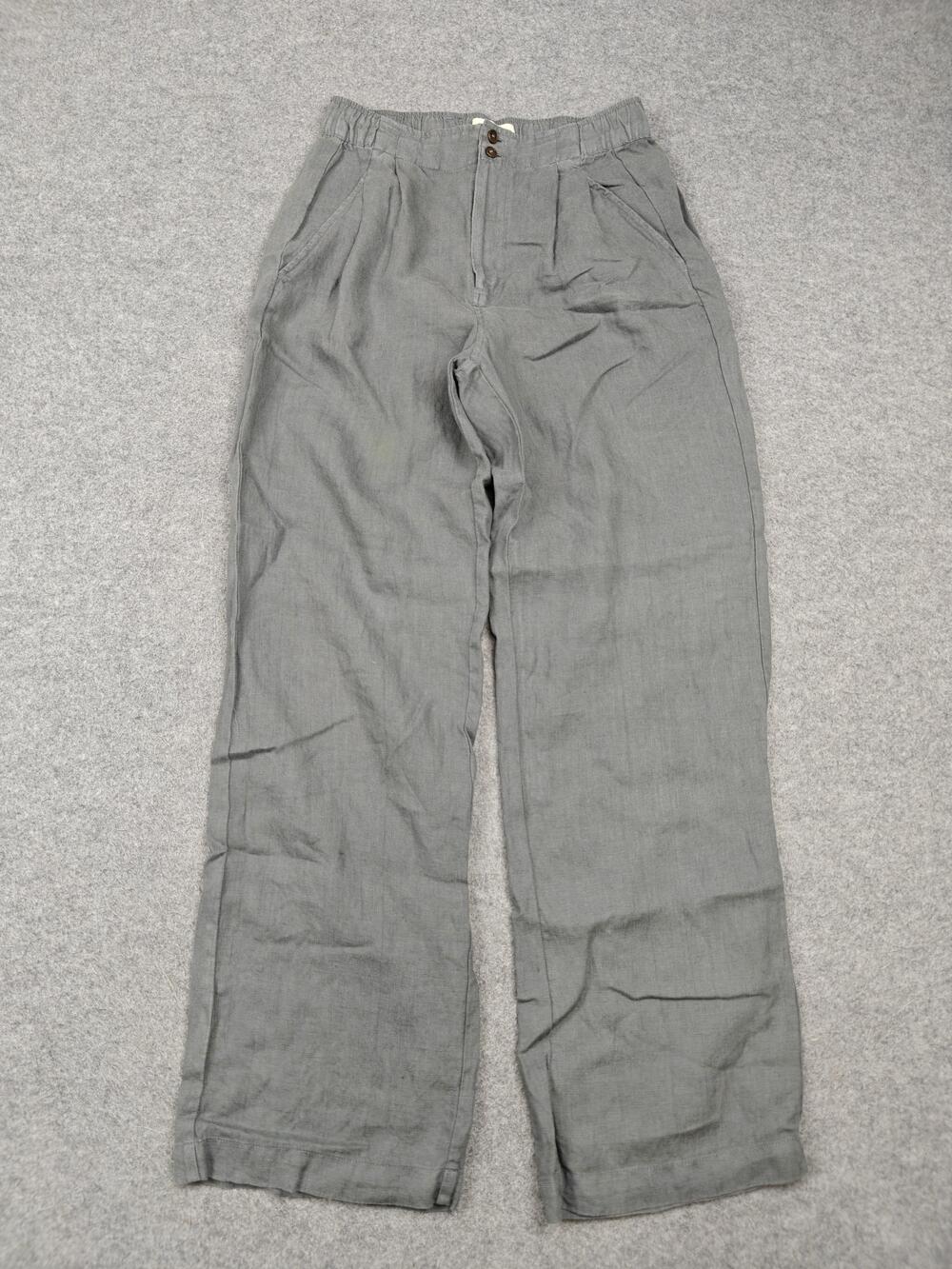 Rowan Pants Womens XS Gray Cameron Wide-Leg Linen Pleated Pockets Elastic Waist